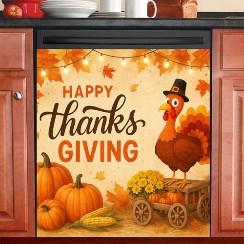 Image of HOMETITUTE Thanksgiving Turkey Dishwasher Magnet Cover 23x26 in Fall Decor Dishwasher Magnet Cover for Kitchen Appliance Decoration Front Panel Sticker Rustic Art Skin Panel Home Decor Decal