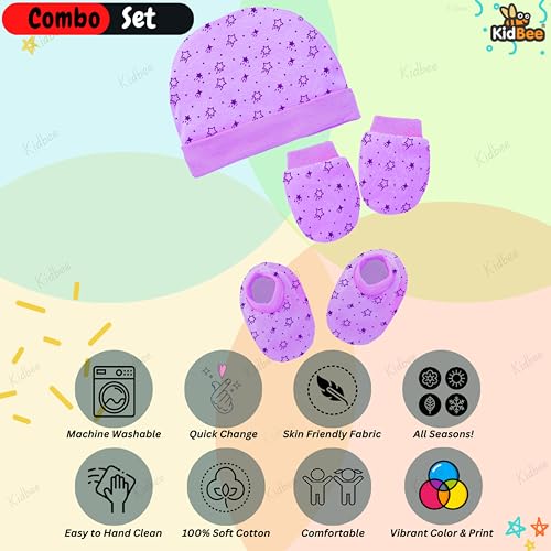 Image of Kidbee Baby Cotton Booties Mittens and Caps Combo for New Born Babies (0-6 Months)