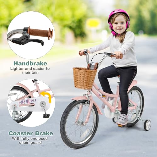 Image of BABY JOY Retro Kids Bike, 12 14 16 18 Inch Child Bike for 3-8 Years Old w /Rattan Basket, Adjustable Height, Training Wheels, Fenders, Handbrake Coaster Brake, 95% Pre-Assembled Kids Bicycle for Girls