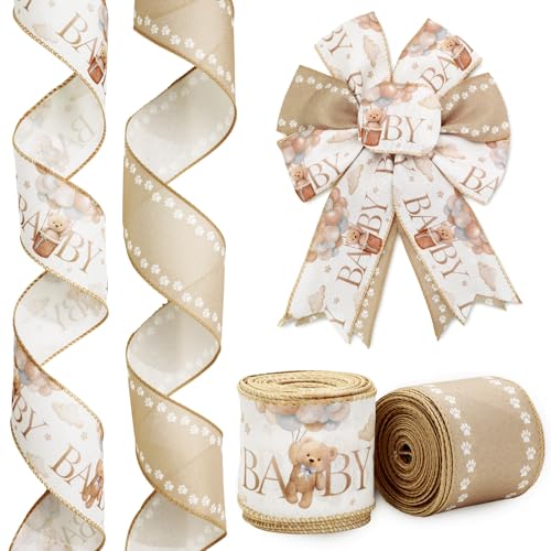 JarThenaAMCS Baby Shower Wired Edge Ribbon Brown Bear Paw Craft Ribbon Fabric Ribbons for Diaper Cakes Wreath Bow DIY Crafts Gift Wrapping Party Decor 2 Rolls 20 Yard