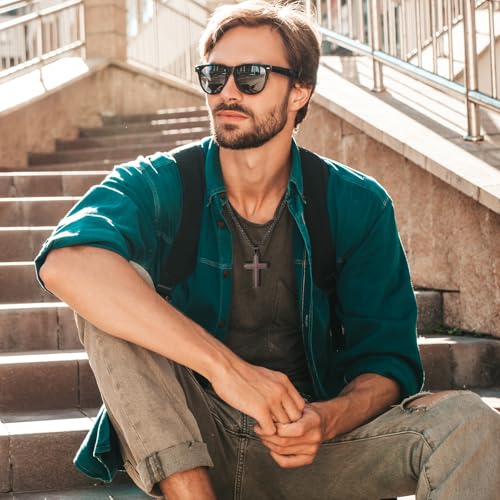 Wooden Cross Necklace for Men, Hand Polished Ebony Inset In Black Stainless Steel Christian Mens Cross Pendant Wood, 24" Round Box Chain3