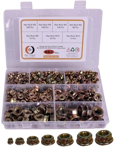 Image of Yellow Coated Flange Head Hexagonal Nuts 7 Sizes M3, M4, M5, M6, M8, M10, M12 665 Pcs Assortment Pack