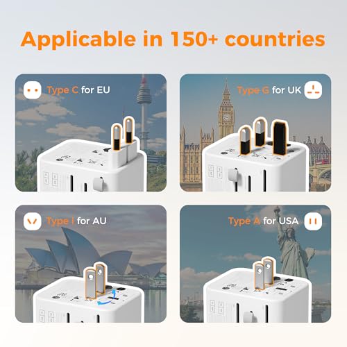 Image of TESSAN Universal Travel Adapter, Power Adapter Worldwide | Extra 2 Prong AC Outlet, 4 USB Ports (2 USB C), US to Europe Italy UK Australia Ireland, Type C G A I