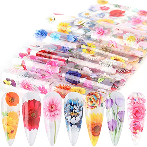 Flowers Nail Art Foil Transfer Stickers Decals, Holographic Floral Nail Art Design, Sky Starry Paper Transfer Foils Nails Supplies For Women Girls Manicure Decoration Nail Accessories Set(10 Sheets) #TOP15