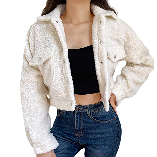 Women Casual Fuzzy Fleece Coat Faux Fur Jacket Warm Long Sleeve Buttons Outwear with Pockets (White, S)