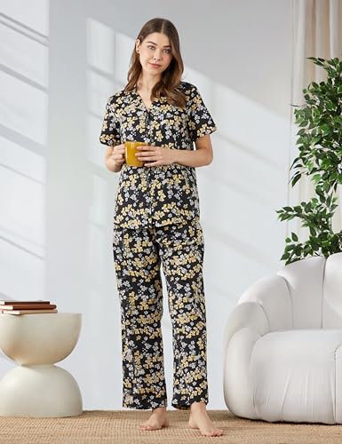 Image of Amazon Brand - Myx Women Cotton Shirt and Relaxed Pajama Set | Night Suit Set (Available in Plus Sizes)
