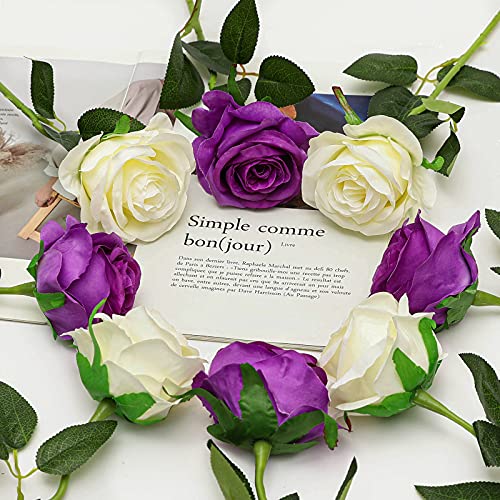 Floralsecret 13 Pcs Artificial Silk Rose Flower Bouquet Faux Flowers(White&purple), White,purple, 20 inches x 3.5 inches - Image 4