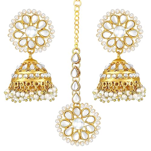 Aheli Kundan Pearl Jhumki Earrings with Maang Tikka Indian Traditional Bollywood Fashion Jewelry Set Gift for Women