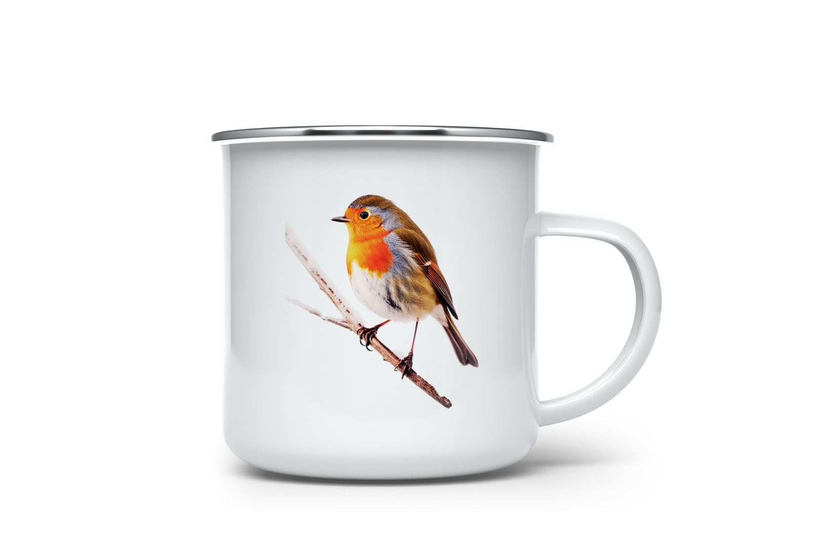 MAXIKIWI - Durable Enamel Coffee or Tea Camping Mug for Indoor Outdoor Use - Winter Robins - 350ml