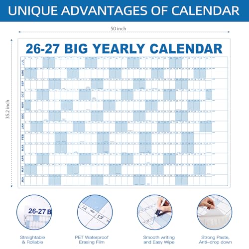 Image of 2026-2027 Dry Erase Wall Calendar - July 2026- June 2027, 35.2 inch x 50 inch, Extra Large Yearly Wall Calendar 2026-2027, 12-Month Note Section & 365 Daily Block, 10 Round Stickers, Perfect for Home, Office and School
