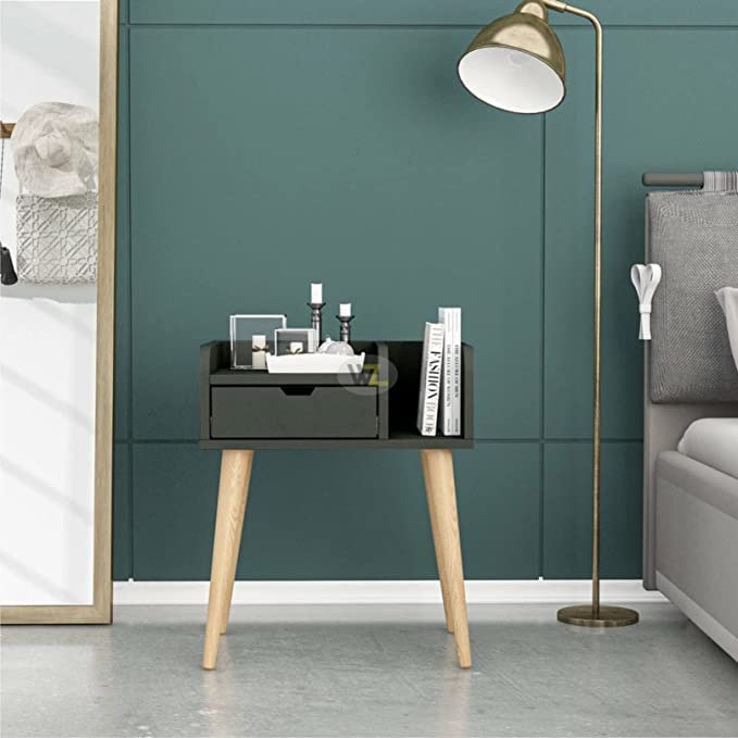 Image of Mid-Century Modern Bedside Table with Solid Wood 4 Legs Table Nightstand for Living Room /Bedroom, Home Decore Furniture, Kids Room etc (Black)