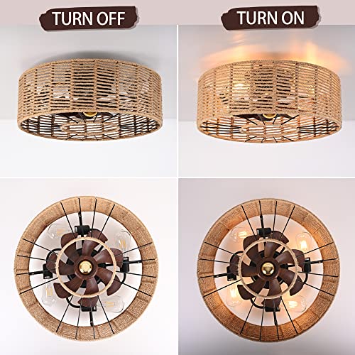 AyshwillDec Caged Ceiling Fans with Light Hemp Rope Boho Ceiling Fan Low Profile Ceiling Fan with Light and Remote Farmhouse Ceiling Fans Enclosed Fan with Lights for Bedroom Kitchen - Image 3