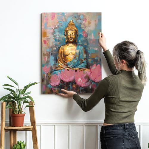 Image of PAINTINGMANTRA Abstract Buddha Painting for Living Room, Golden Buddha wall Art Painting for living room, Bedroom, office and Meditation Room, Canvas, 12x16 Inch