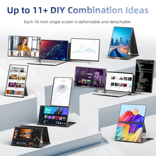 Image of Laptop Screen Extender 2.5K - Updated 16 inch Triple Portable Monitor 2560x1600P QHD 100% sRGB IPS, Plug & Play, Rotation Detachable Screen Compatible with Mac Wins Dex Chrome Fits 13 inch-17 inch Laptops