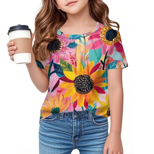 Girls' Floral Print Short Sleeve T-Shirt Pleated Soft Comfortable Summer Tops for Kids, Ages 2-13 Years3