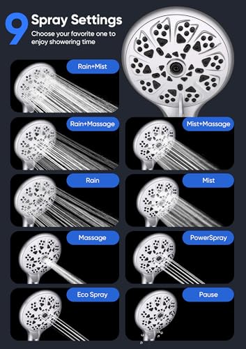 Image of Shower Head with Handheld High Pressure, Rain Shower Head with Fixed Showerhead and 9 Sprays Handheld Shower, Detachable 2-IN-1 Shower head with 59 inch Rotatable Stainless Steel Hose (Chrome)