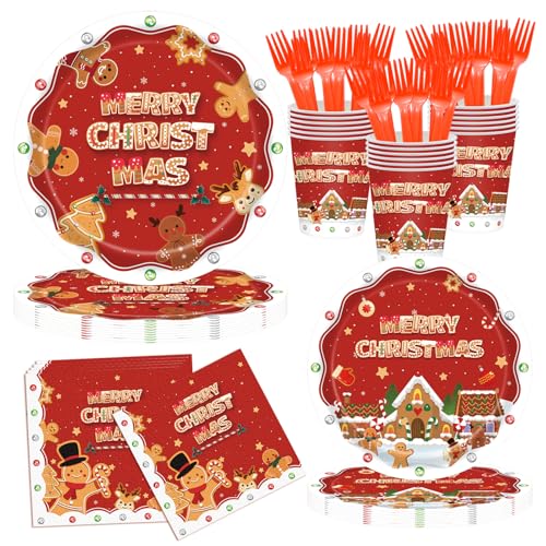 Christmas Party Supplies Set, Paper Plates And Napkins Sets for 25 Guests, Xmas Party Supplies With Plates, Cups, Napkins And Forks, Festive Disposable Christmas Heavy Duty For Holiday Dinners