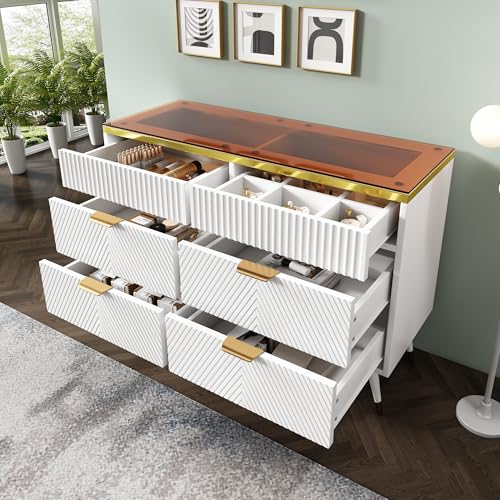 RIAZOS Kommode Sideboard aus Bernstein Glas, Kommode mit 6 Schubladen, Facheinteilung, Kippsicher, Hochschrank für Schlafzimmer und alle Wohnräume, 120x40x76 cm, Weiß