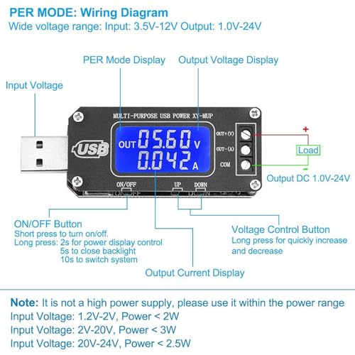 Image of DC-DC CNC Power Regulator Module, Digital Voltmeter | 3.5-12V to 1-24V adjustable, Micro USB and Type-C input, battery tester function, 2-3W power