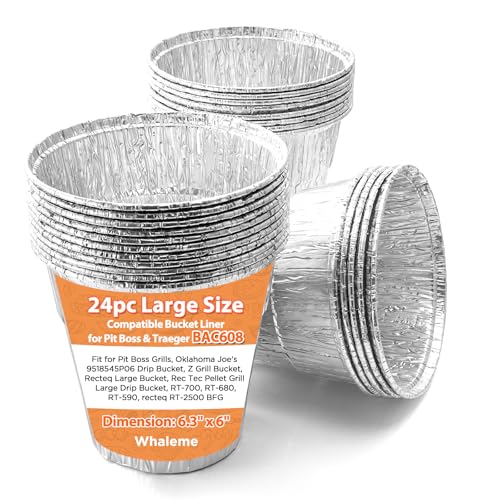 24 Pack Disposable Foil Liners & Grease Bucket Liners for Pit Boss Grills 67292 Foil Traeger BAC608 Grease&Ash Keg Ironwood Flatrock Recteq Large Bucket etc. 6.3 x 6.0 Disposable Drip Bucket Cup