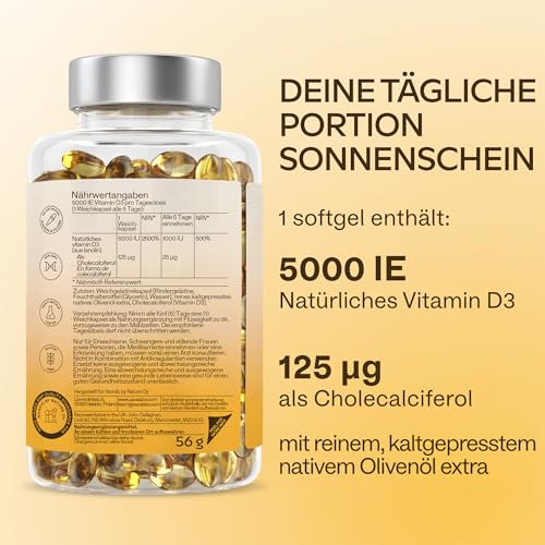 Vitamin D3 Hochdosiert Depot 5000 IU 365 Kapseln - Vitamin D3 5000 IE mit kaltgepresstem nativem Olivenöl Extra für optimale Absorption - Vitamin D Hochdosiert Ohne Gentechnik, glutenfrei, laktosefrei