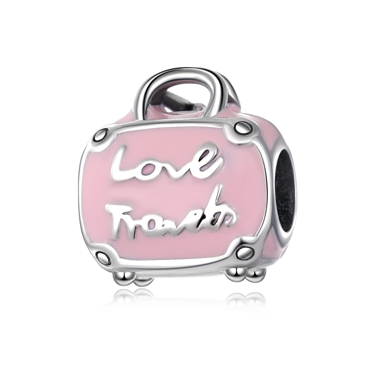 wenyinLove Travel Pink Suitcase Charm S925 Sterling Silver Women Bag Charms for Woman Charm Bracelets