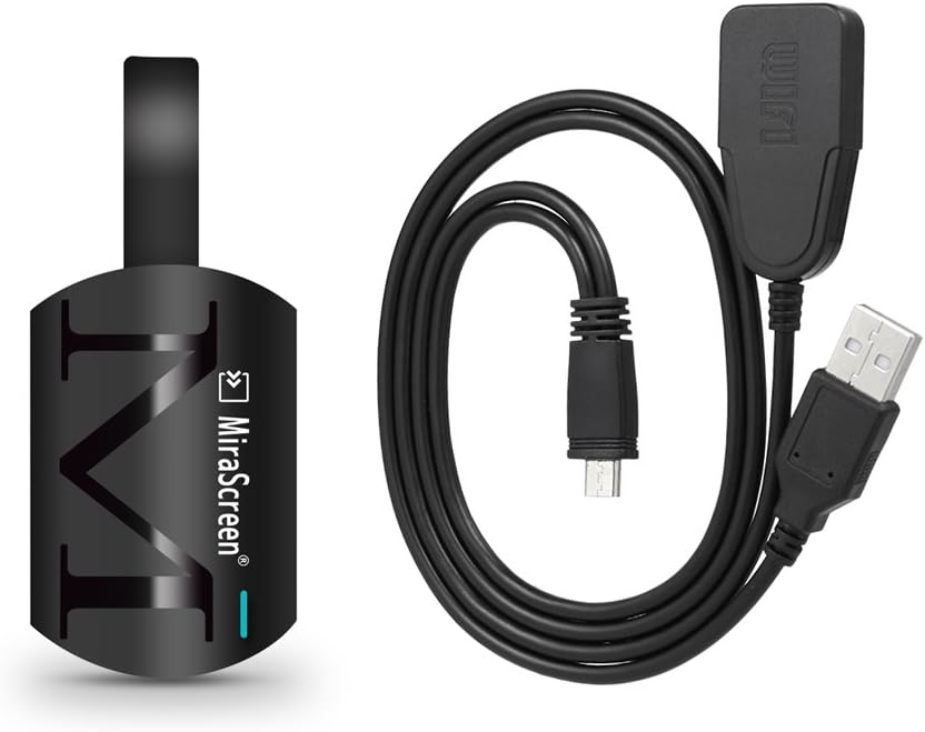 MiraScreen G4 Wireless WiFi Display Dongle Receiver and its accompanying 2-in-1 USB cable with WiFi module.