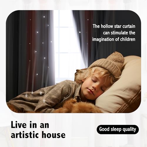 Image of Double Layer Dreamy Star Blackout Curtain 1 Panel W52 x L95,Pink Grey | Princess Style Window Drapes for Kids Room Elegant Decor for Daughter Bedroom Living Room Soft Fabric Design