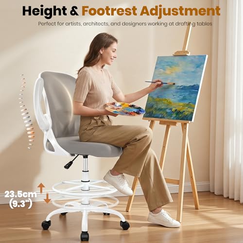 Image of Ergonomic Drafting Chair with Flip-Up Armrests & Adjustable Footrest - Tall Office Chair for Standing Desks, Lumbar Support, Gray - Home & Office Comfort