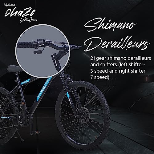 Image of Lifelong Chaze Shimano Gear Cycle By Milind Soman Sgx20 27.5T with Dual Disc 21 Speed|for:Unisex Adults(15Y+)|Frame Size: 18 inch|Ideal Height : 5'6 inch|85% Assembled(Czbc2794,Black&Blue) Mountain Bike