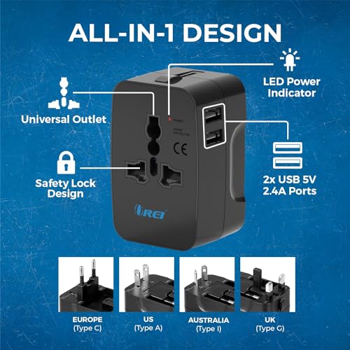 Orei Universal Charger Adapter - 3 in 1 Worldwide Travel Adapter with Dual USB - Universal Socket with 2X USB-A 2.4A - Universal Travel Adapter All in one for US, Europe & More - 10 Year Warranty 3 51EugXYgsBL