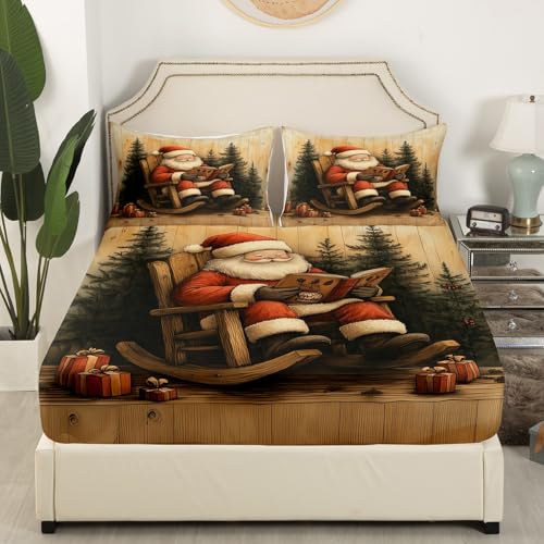 Loussiesd Vintage Weihnachtsmann Spannbettlaken 90x200cm Weihnachten...