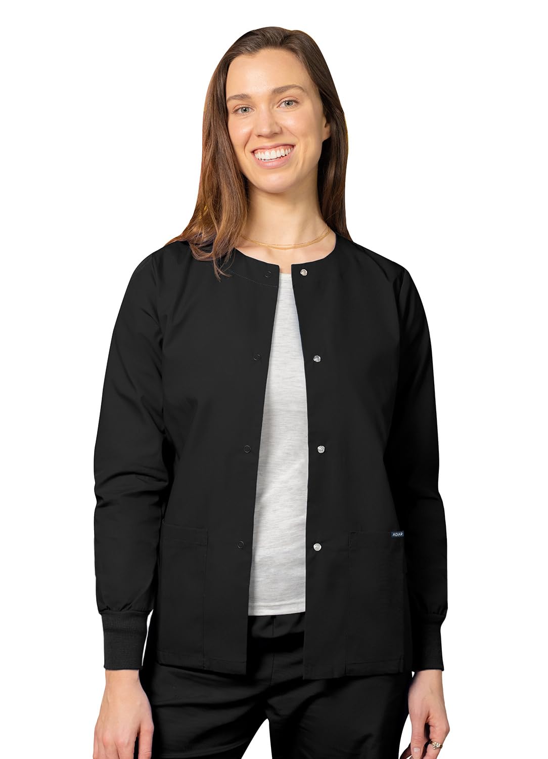 Adar Universal Scrubs for Women - Round Neck Warm-Up Scrub Jacket - 602 - Black - L
