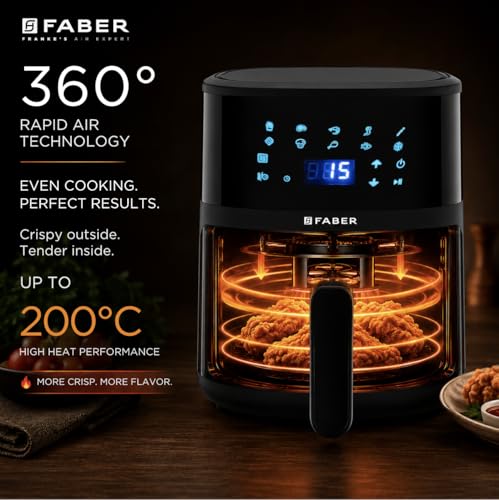 Image of Faber 4Ltr 1300W Digital Air Fryer | Fry, Bake, Roast | 85% Less Oil, 200C Swirl Heating| 360 Rapid Air Technology |10-Preset Menu| Touch Control | Auto Shut-Off |2 Yrs Warranty|Black, FAF CrispX 4.0