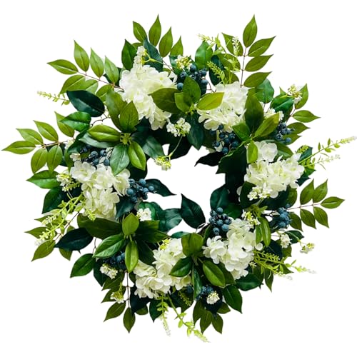Svndlyn 22 Inch Lighted Hydrangea Wreath with Timer for All Season 20 Lights Steady & Flashing Modes Artificial Hydrangea Flower Blueberry and Eucalyptus Leaves for Outdoor Front Door Wall Window