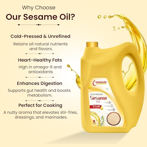 Image of Shagun Cold Pressed Sesame Oil 5 Litre (Gingelly Oil), 100% Pure and Natural Cooking Oil, Rich in Antioxidants and Omega 6, Extracted from A1 Grade Sesame Seeds, Goods for Heart Health