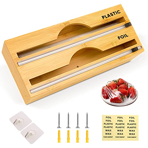 Folienschneider folienspender schublade,Bambus Frischhaltefolie Schneider mit Sichere Stealth-Klinge , 34x15x7cm Folienspender frischhaltefolie abroller , reibungslosen Schneiden von frischhaltefolie Cover