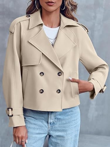 Stylish utcoco Beige Cropped Trench Coat, Medium - Double-Breasted Fall Essential - Image 3