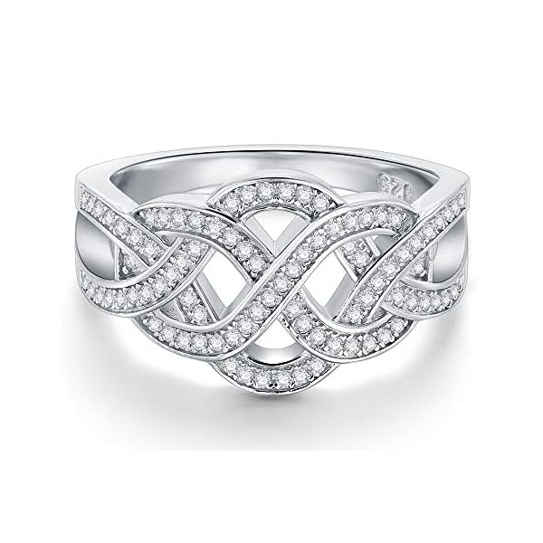 BORUO 925 Sterling Silver Ring, Celtic Knot Cubic Zirconia CZ Wedding Band Stackable Ring Size 8