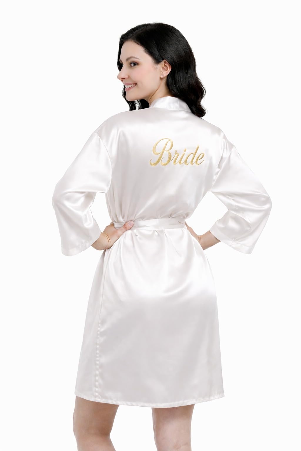 DEPANO Premium Satin Bride Robe for Wedding & Nightwear | Silky Kimono Dressing Gown for Women | Bridal Getting Ready Outfit, Sleepwear & Bathrobe | Luxury Silk-Feel Satin Bride Robe (White)-image-49