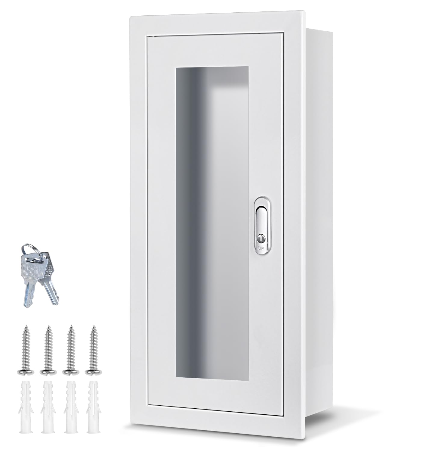 Yeaborn Semi Recessed Fire Extinguisher Cabinet for 5-12 pounds Extinguisher, White Baked Enamel Steel Fire Extinguisher Mount with Lock for Indoor