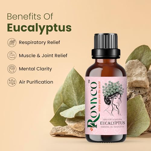 Image of Romyco Eucalyptus Essential Oil 15ml (Nilgiri) for Skin, Hair, Steam Inhalation & Massage | Aromatherapy Diffuser Oil | Premium, Natural, Undiluted, Therapeutic Grade