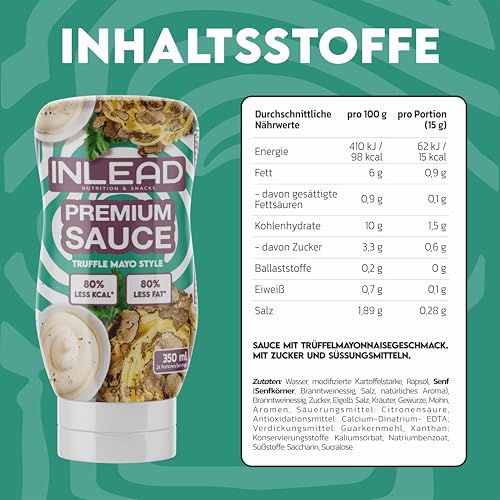 INLEAD - Premium Sauce - Light Soße | 80% weniger Kalorien & 80% weniger Fett | Perfekt Zur Diät | Kalorienarme Ernährung | Vegan | Glutenfrei | Laktosefrei - 350ml (Trüffel Mayo Style)