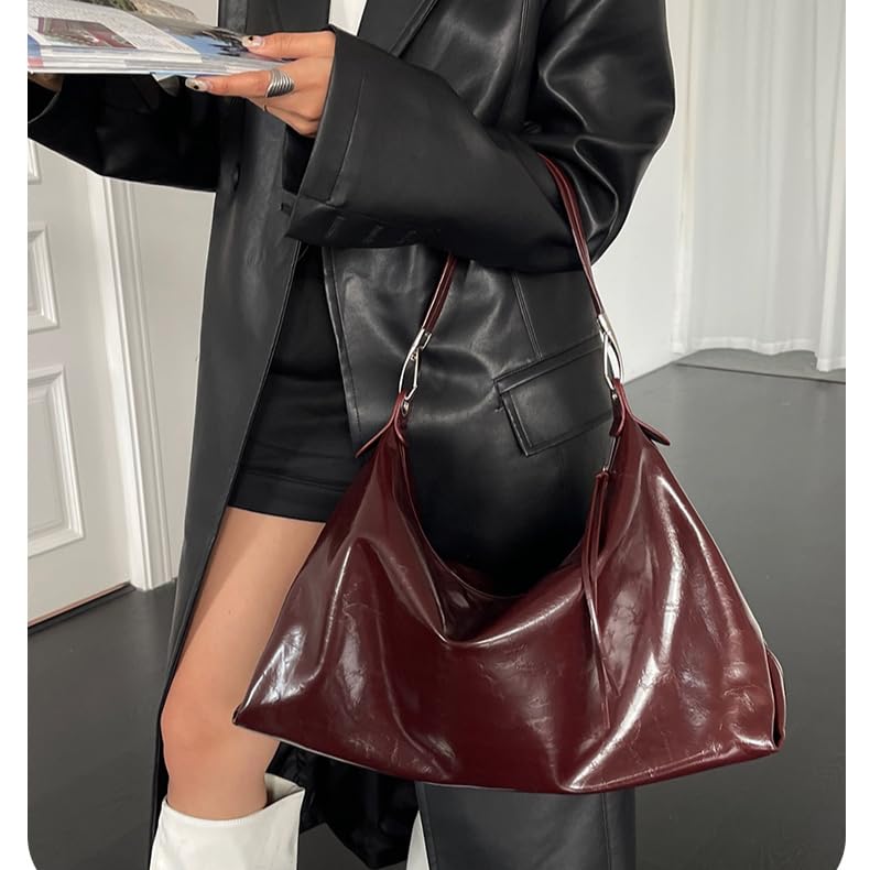 Image of Burgundy Purse Large Tote Bags for Women Hobo Bag Vegan Leather Tote Bag Aesthetics Bag