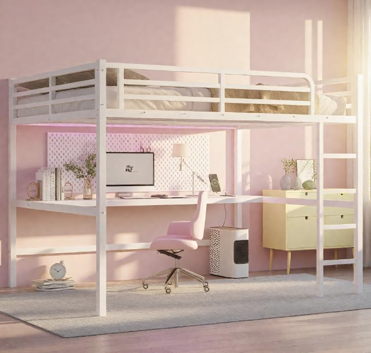 Bellemave Loft Bed Queen Size with Desk, Queen Size Metal Loft Bed Frame, Queen loft Bed for Adults, Kids, Teens, White with Desk Queen White