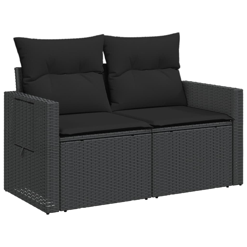 Sofa ogrodowa z poduszką, 2-osobowa, czarna, polirattanowa, plecionka PE, składany stolik pomocniczy i wodoszczelny schowek, wygodna tapicerka