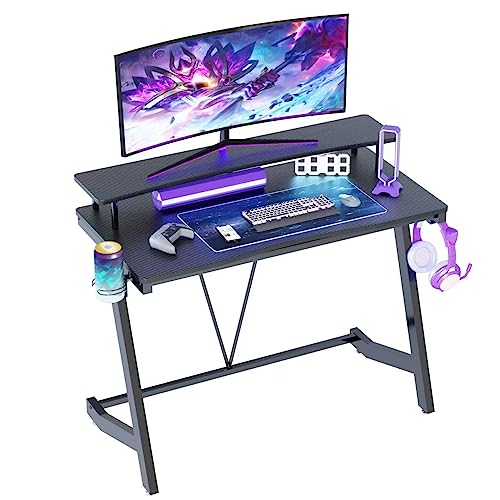 TREETALK Gaming Desk,40In Computer Desk with Large Monitor Stand, PC Laptop Table for Small Spaces, Gamer Workstation with Cup Holder, Headphone Hook for Home Office (100CM)