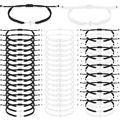 Junkin 50 Pcs Adjustable Cross Bracelet For Women Men Religious Rope Cord Christian Braided Promise Friendship Bracelets For Teens (Black, White) #TOP14