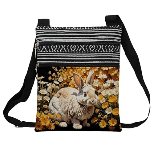 Floral Bunny Messenger Bag Small Ethnic Pattern Printed Adjustable Strap Crossbody Zipper Pouch Floral Bunny Phone Organizer Wallet Cute Shoulder Handbag for Women-3