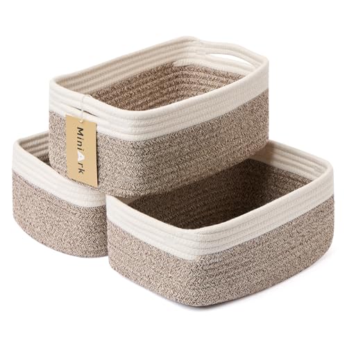 Image of MiniArk Small Storage Baskets for Organizing | Closet Organizer Bins | Shelf Toy Basket | Woven Rope Baskets | Cube Decorative Box | Shallow Basket | 13x8.5x5.1” | 3 Packs White Brown